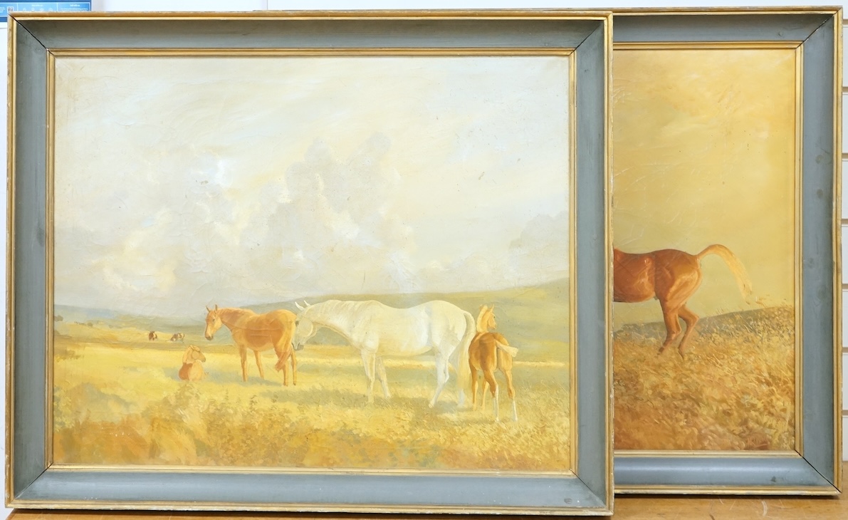 M.R. Mole, Horses grazing, one signed, pair of oils on canvas, 59 x 74cm